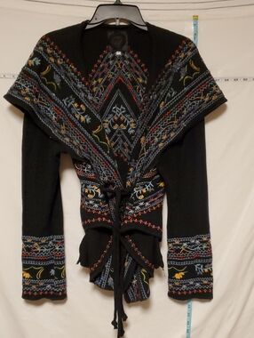 Johnny Was Biya Embroidered Black Womens Hooded Cardigan Lg Boho Fesival Western